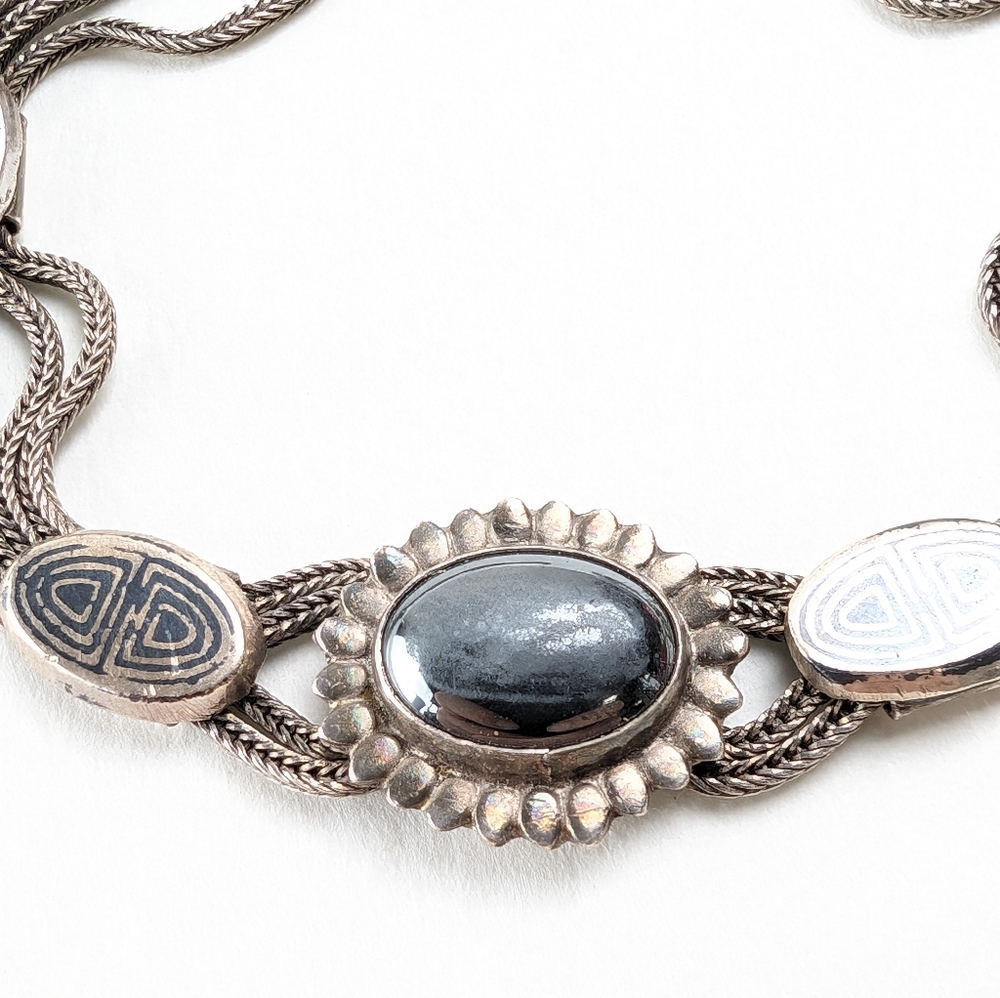 Antique 900 Silver Multi Stand Marcasite Cabochon Bracelet View 5